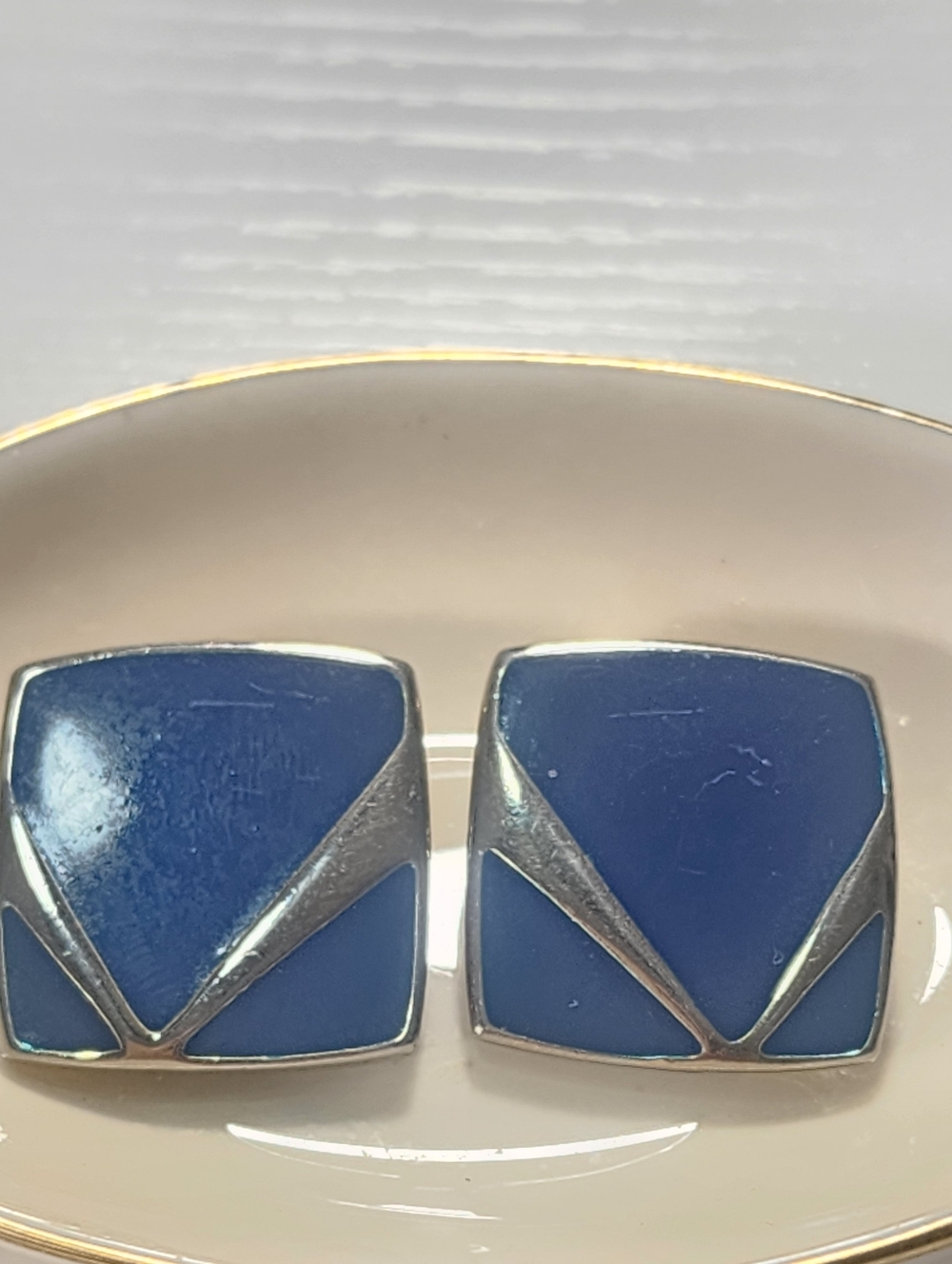 Blue Geometric Silver-Tone Clip Earrings